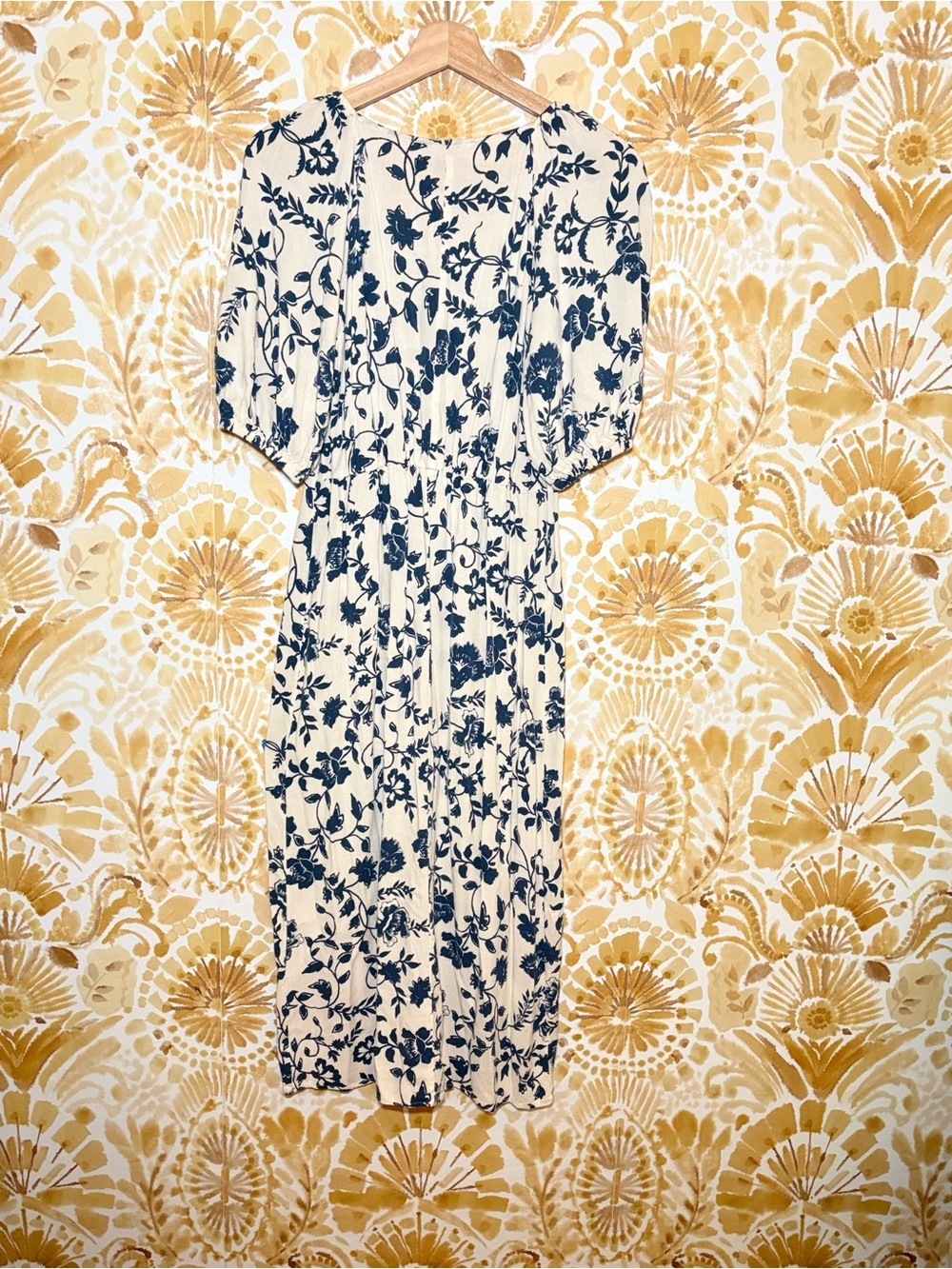 Lucky Blue & Ivory Floral Puff Sleeve Midi Dress Cottagecore Coastal Chic Boho - Picture 4 of 6